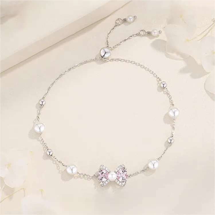 Pink Crystal Bowknot Pearl Chain Bracelet