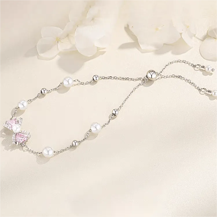 Pink Crystal Bowknot Pearl Chain Bracelet