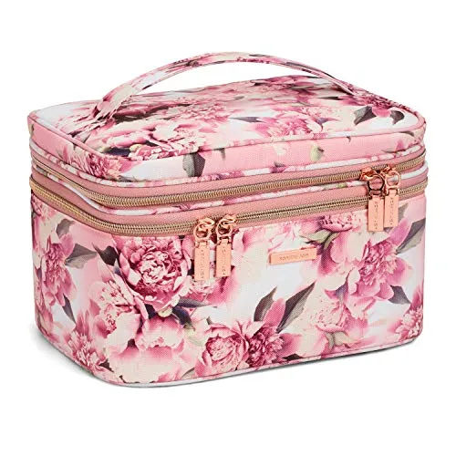 Pink Floral Print Double Zip Train Case Makeup Organizer