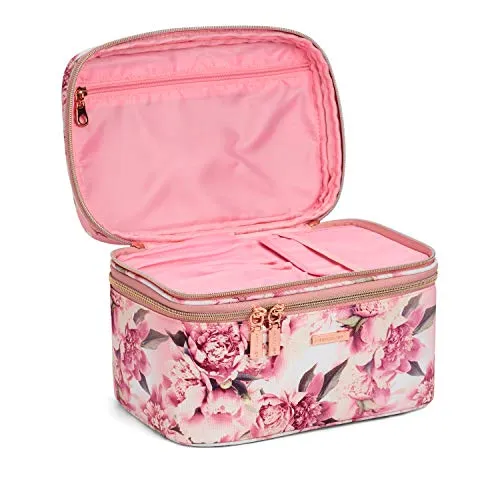 Pink Floral Print Double Zip Train Case Makeup Organizer