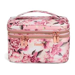 Pink Floral Print Double Zip Train Case Makeup Organizer