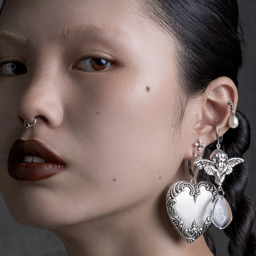 PORTRAIT. Ornate Heart Hoop Earrings - Silver