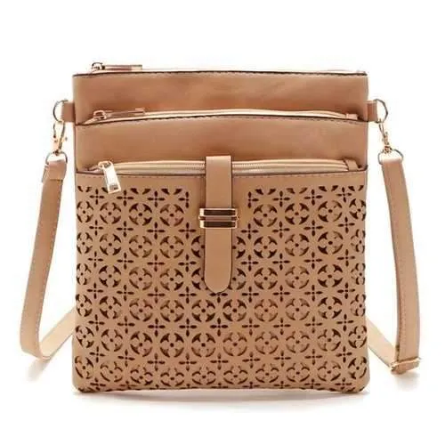 PU Leather Hollow Out Crosbody Bag - Light Beige