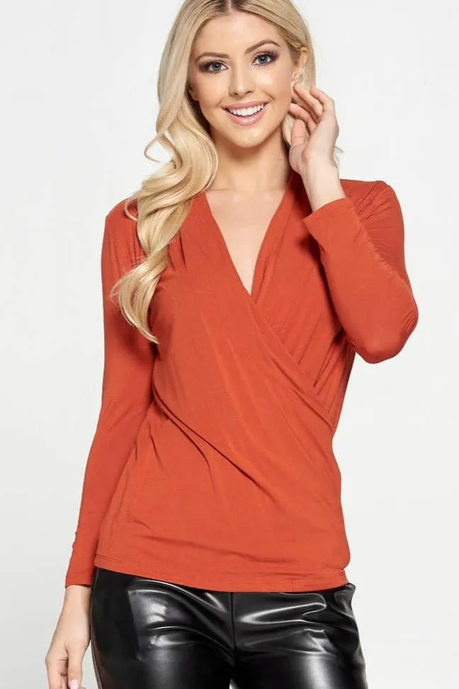 Renee C. Bamboo Long Sleeve Surplice Solid Top. Fall Clearance!