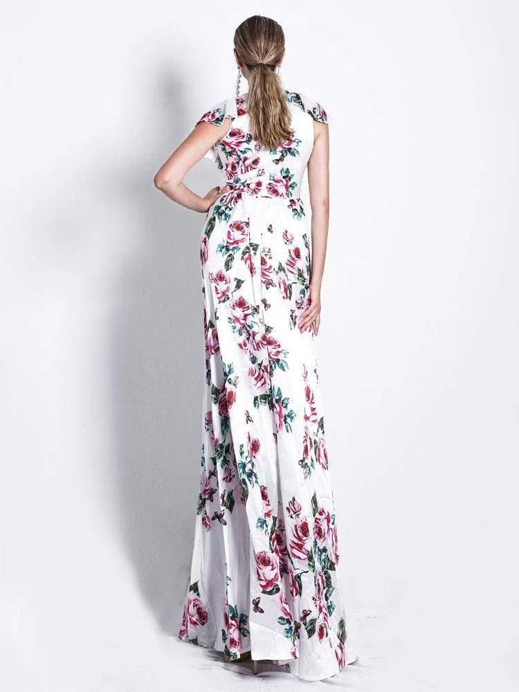 Ruffled Sleeveless Flower Long Beach Dress