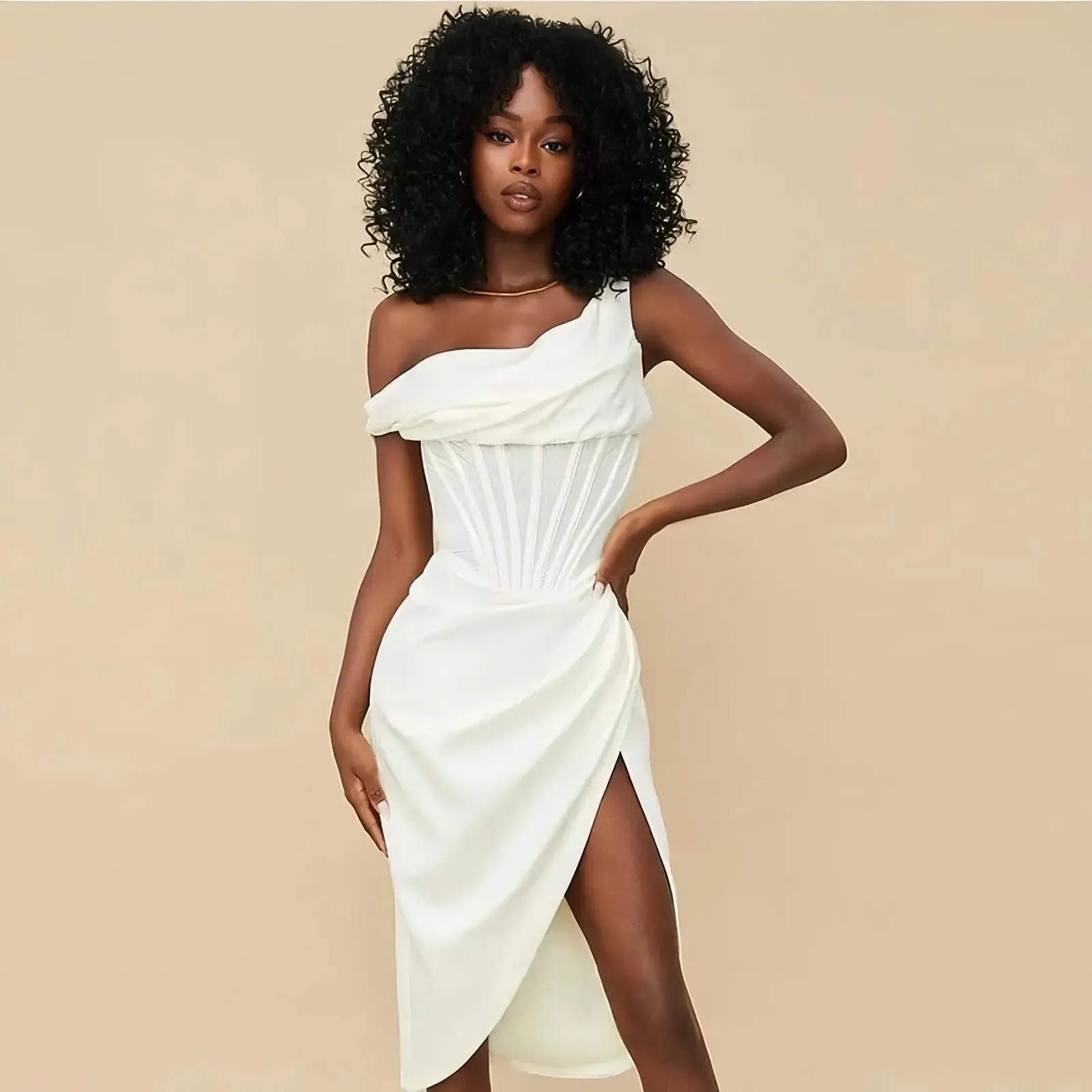 Shoulder Stitching Slit Dress