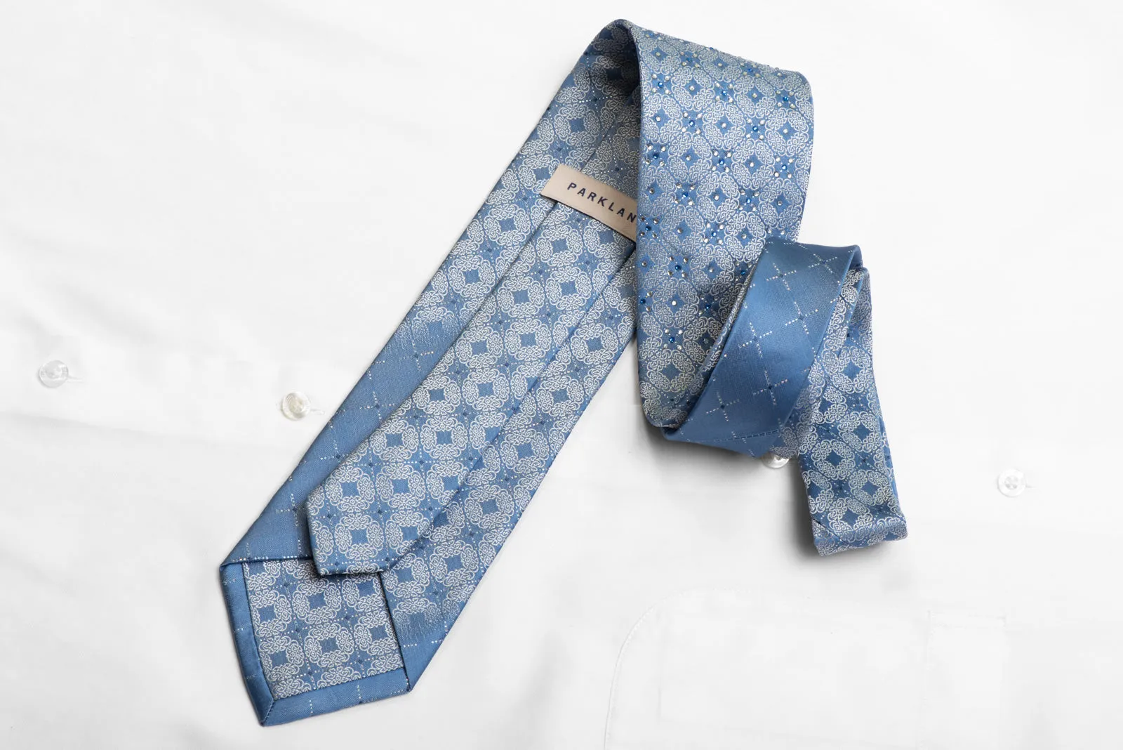 Silk Necktie Silver Medallions On Blue Sparkling With Rhinestones