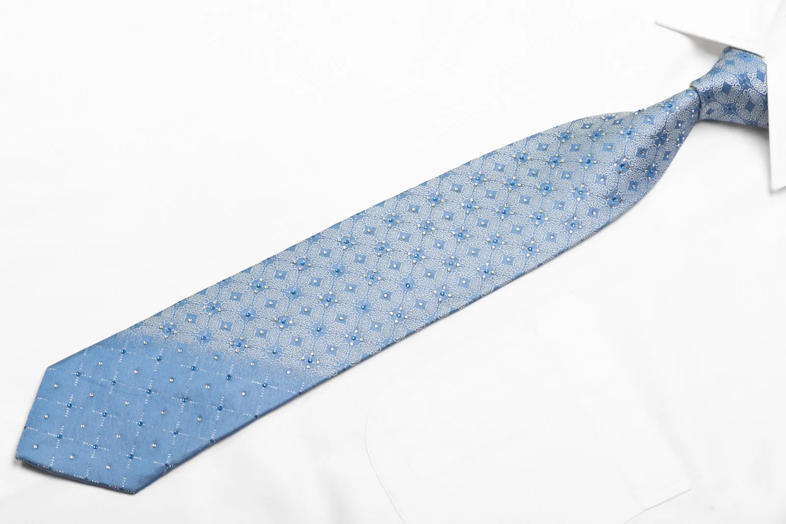 Silk Necktie Silver Medallions On Blue Sparkling With Rhinestones