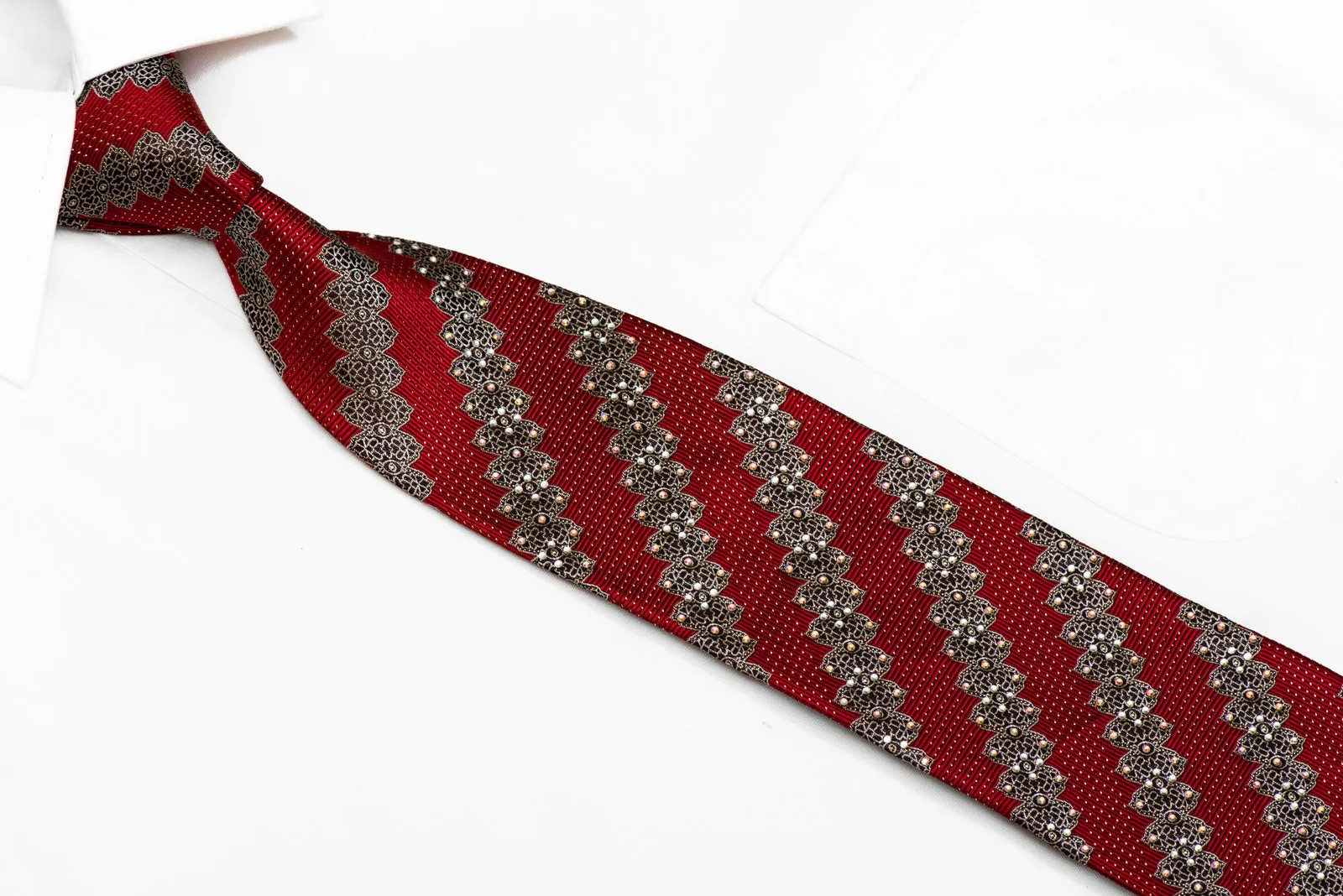 Silver Ornate Design On Burgundy Rhinestone Silk Necktie With Golden Sparkles