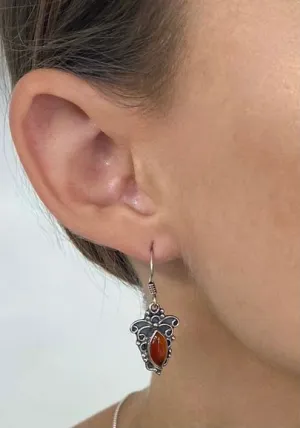 Solid Silver Carnelian Ornate Scroll Drop Earrings