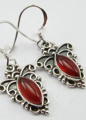 Solid Silver Carnelian Ornate Scroll Drop Earrings