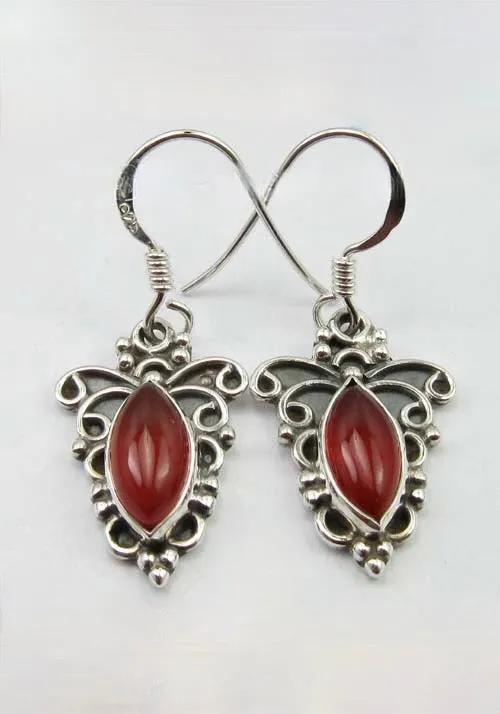 Solid Silver Carnelian Ornate Scroll Drop Earrings