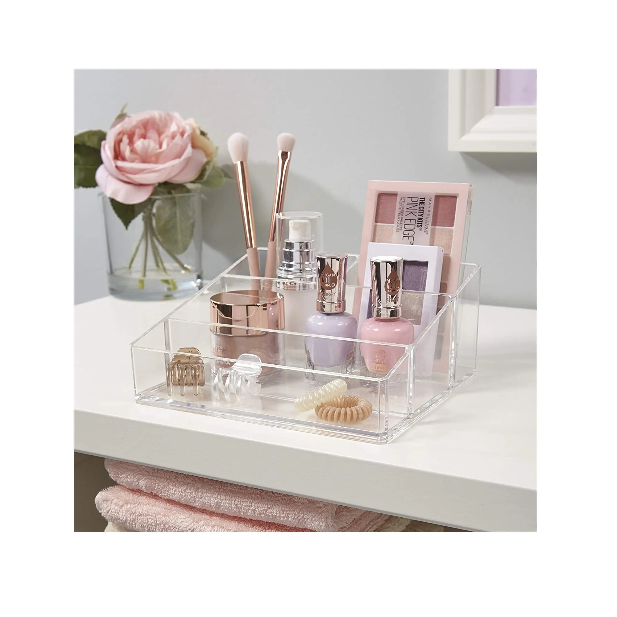 STORi Clear Plastic Vanity Makeup Organizer | Compact Rectangular 4-Compartment Holder for Brushes