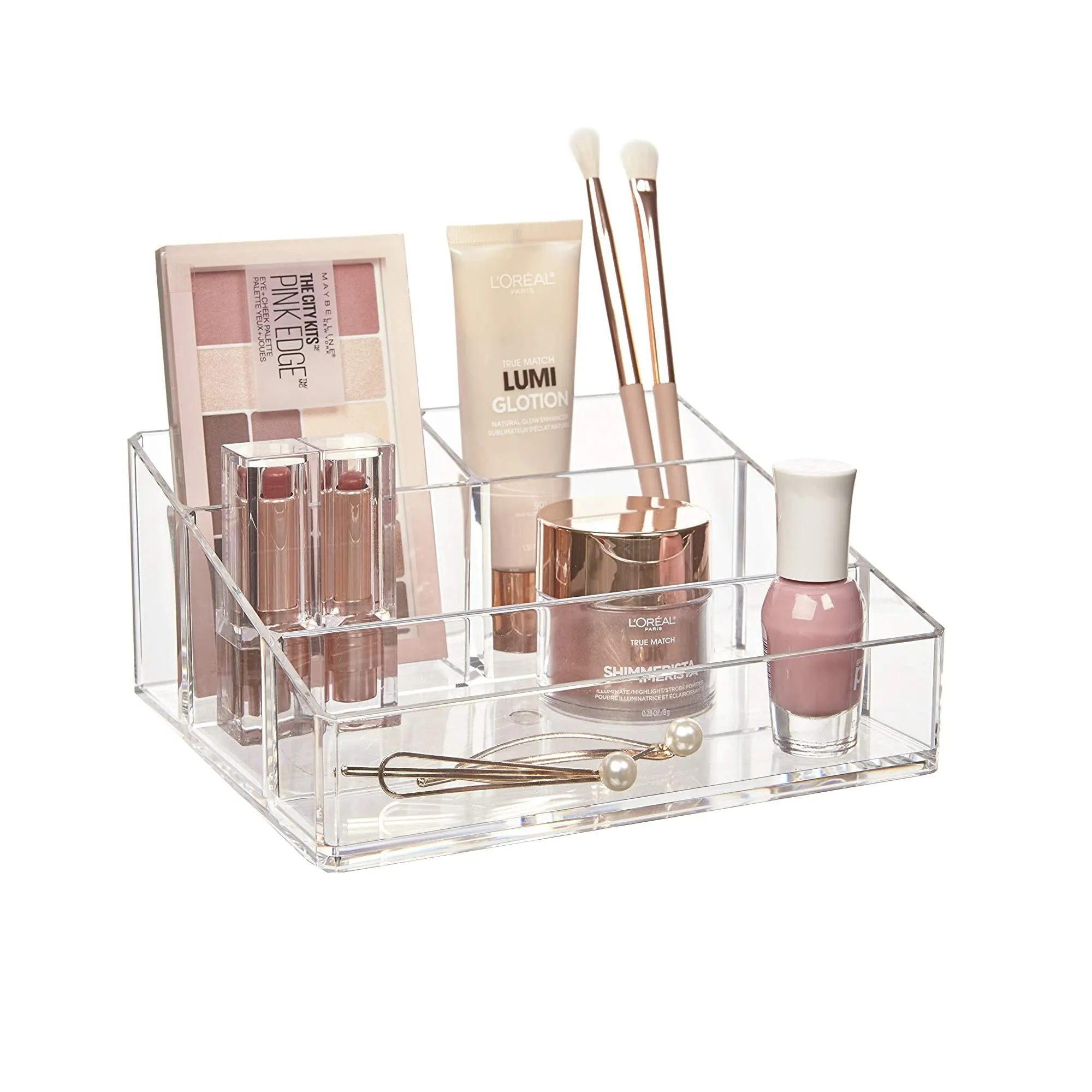 STORi Clear Plastic Vanity Makeup Organizer | Compact Rectangular 4-Compartment Holder for Brushes