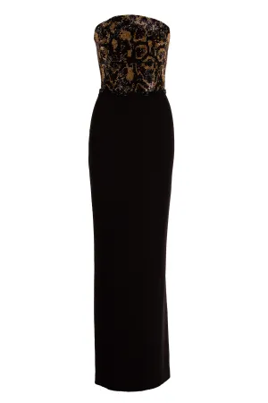 STRAPLESS LEOPARD CRYSTAL GOWN WITH LEATHER BACK