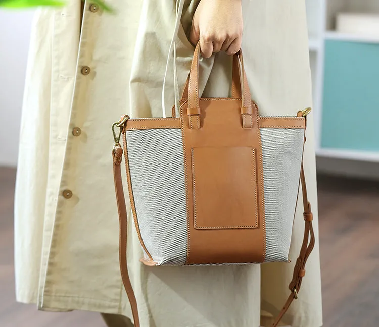 Stylish Ladies Canvas Tote Bag With Leather Handles Small Shoulder Bags For Women