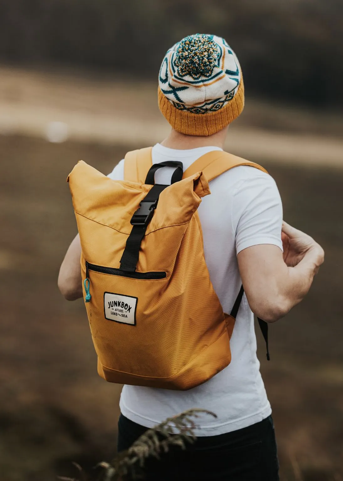 'The Adventurer' Recycled Roll-Top Backpack in Mustard