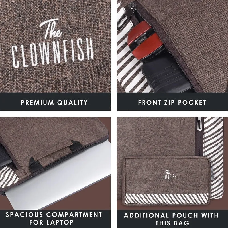 The Clownfish Combo of Rex Series Polyester 15.6 inch Laptop Sleeve with Comfortable Carry Handle & Scholar Series Multipurpose Polyester Travel Pouch Pencil Case Toiletry Bag (Brown)