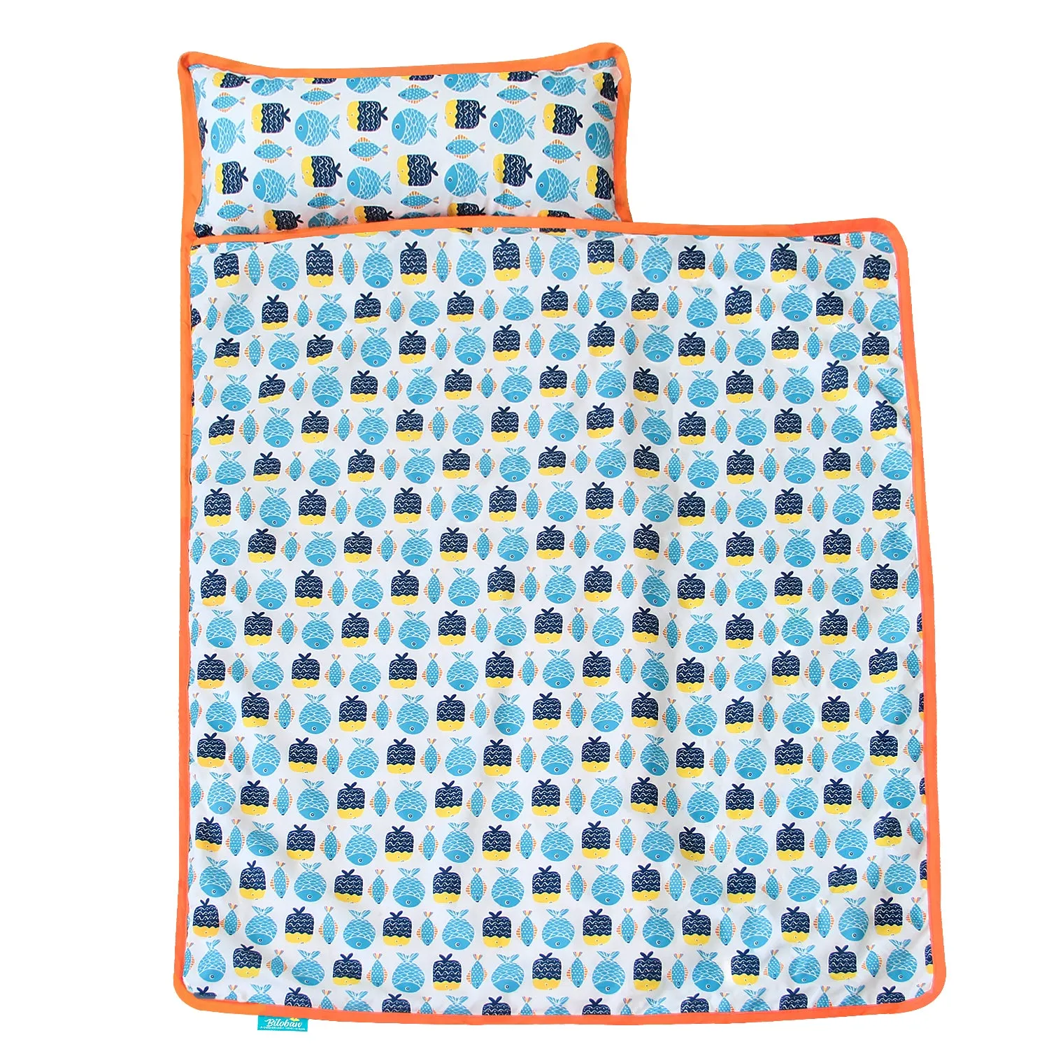 Toddler Nap Mat with Pillow and Fleece Blanket, Super Soft & Warm Kids Nap Mats for Preschool Daycare, Portable Travel Sleeping Bag for Toddlers (Quilted Improved Thickness), Fish