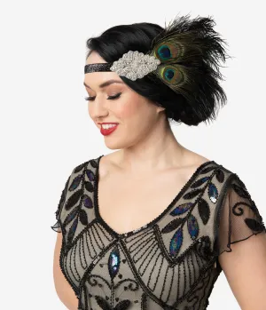 Unique Vintage Black & Peacock Feather Silver Rhinestone Flapper Headband