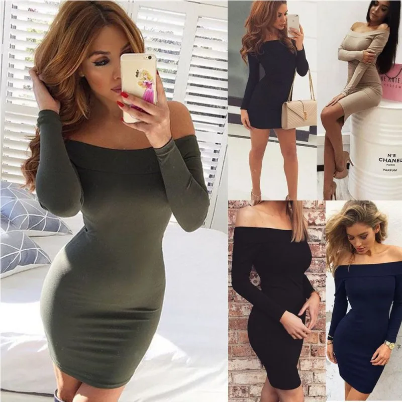 VenusFox Long Sleeve Off Shoulder Bodycon Mini Dress