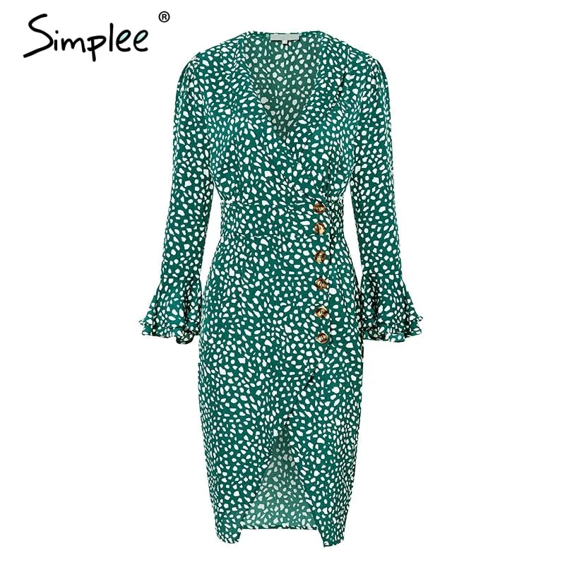 VenusFox Vintage polka dot v neck ruffle midi summer green dress