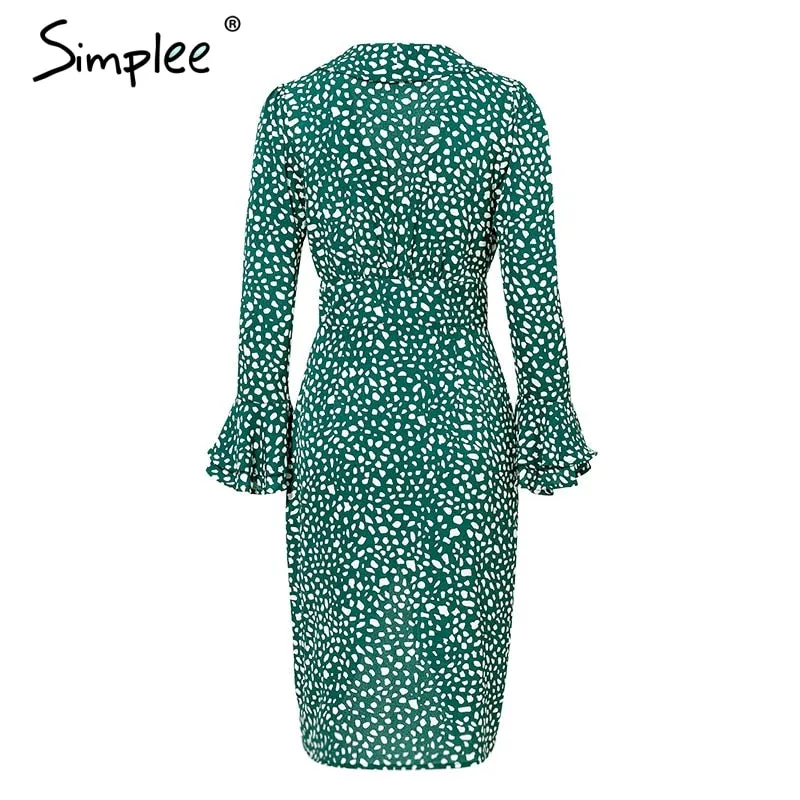 VenusFox Vintage polka dot v neck ruffle midi summer green dress