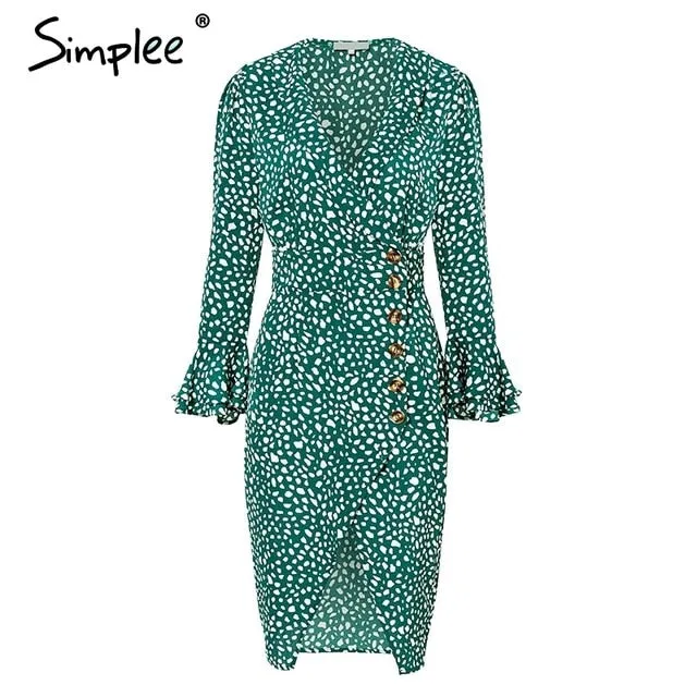 VenusFox Vintage polka dot v neck ruffle midi summer green dress