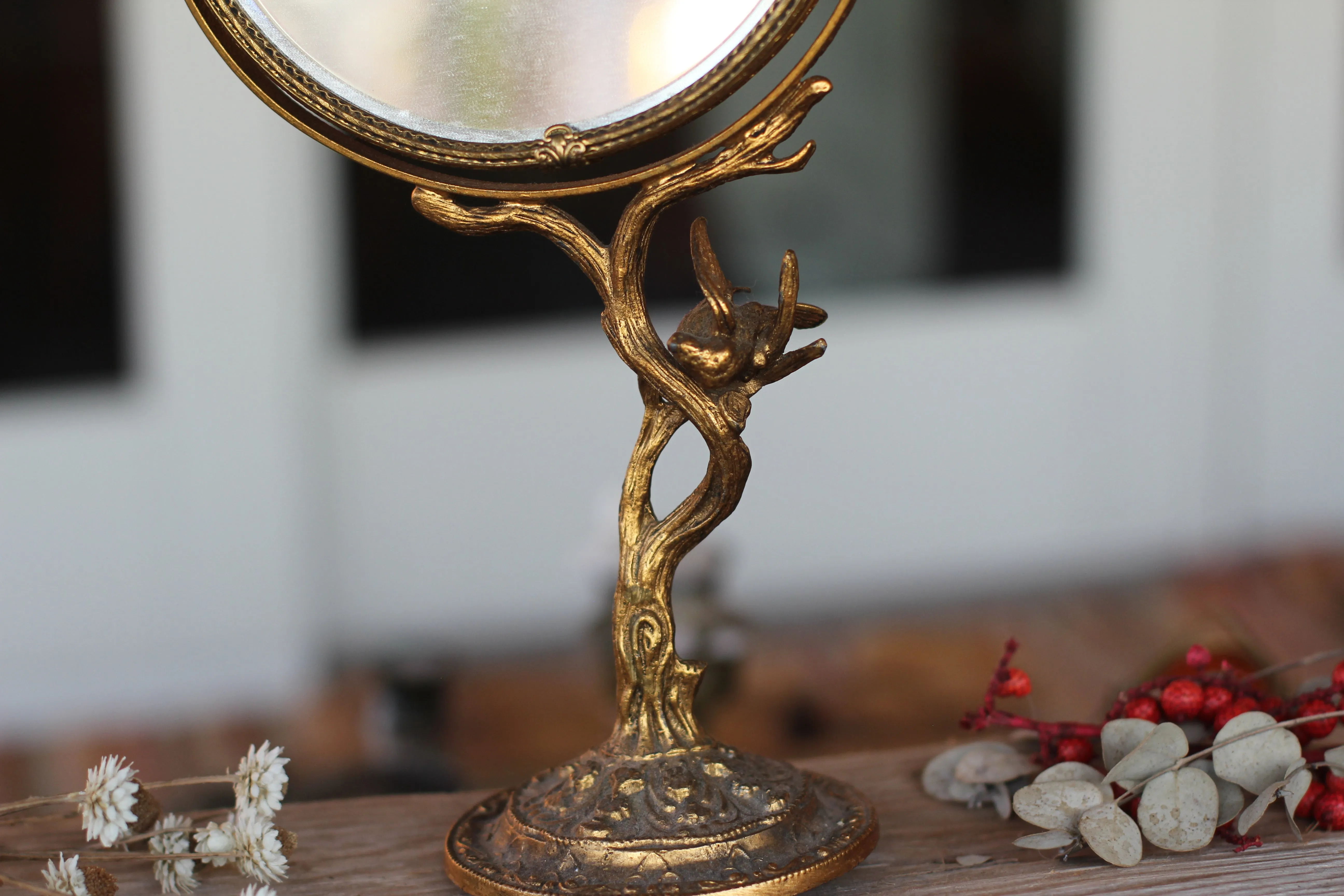 Vintage Matson Bird on Branch Vanity Pedestal Mirror