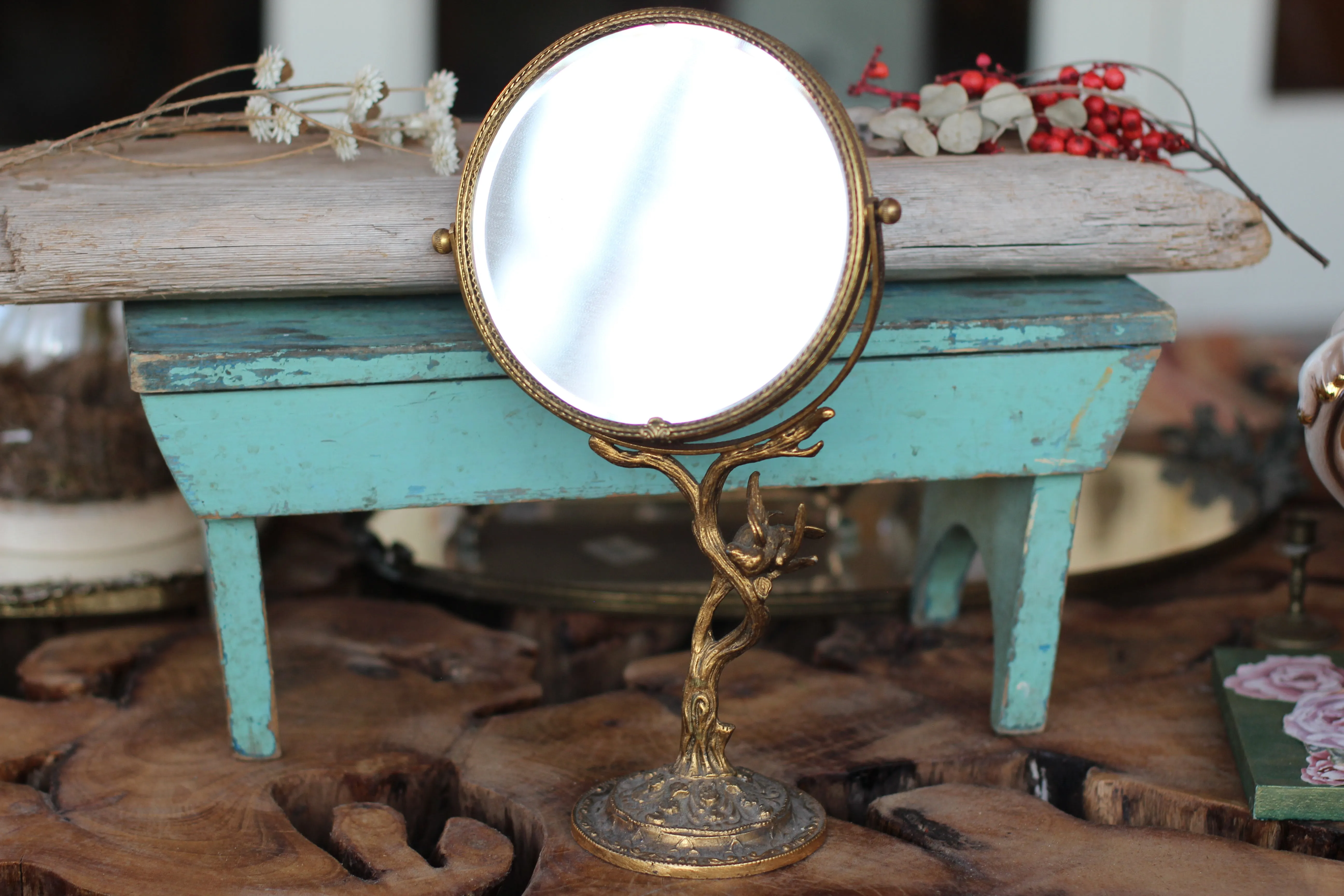 Vintage Matson Bird on Branch Vanity Pedestal Mirror