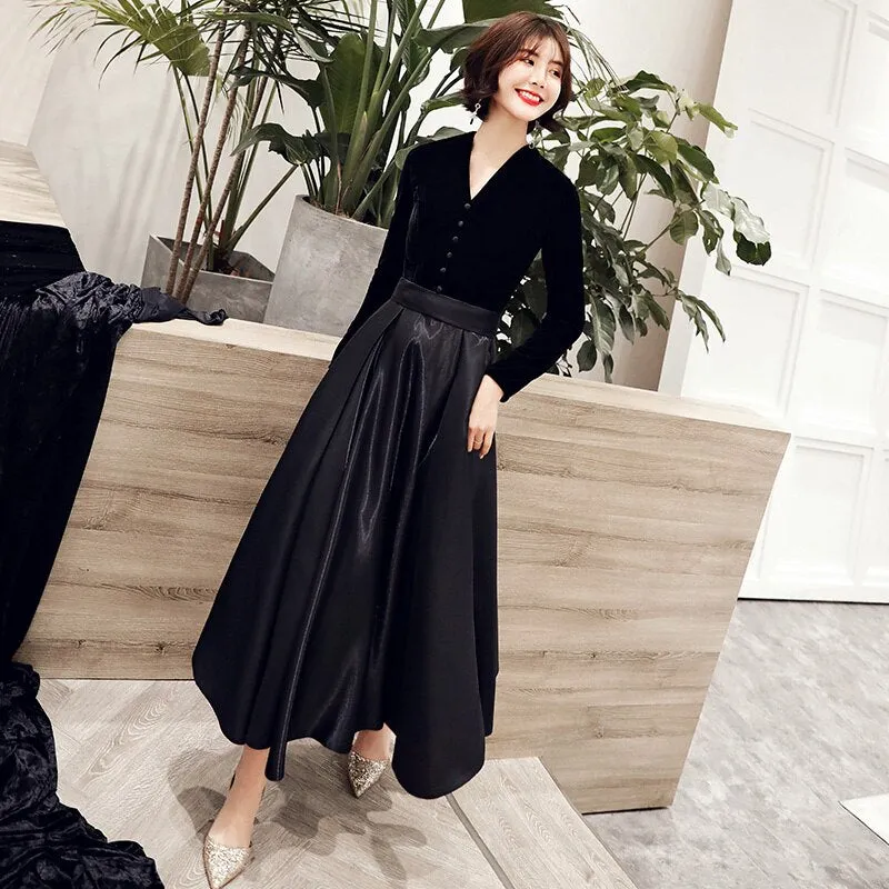 wei yin Black Velvet Evening Dresses 2022 New Sexy Long V-neck Long Sleeve Vintage Cheap Formal Dresses for Women WY1547