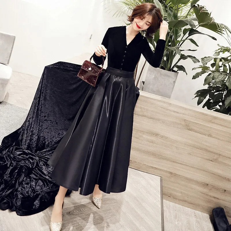 wei yin Black Velvet Evening Dresses 2022 New Sexy Long V-neck Long Sleeve Vintage Cheap Formal Dresses for Women WY1547