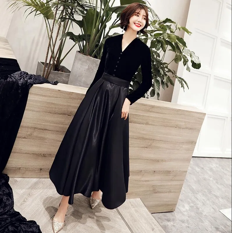 wei yin Black Velvet Evening Dresses 2022 New Sexy Long V-neck Long Sleeve Vintage Cheap Formal Dresses for Women WY1547