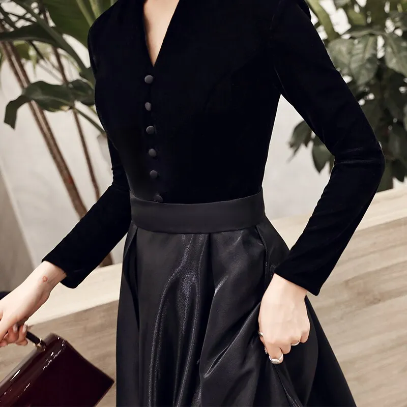 wei yin Black Velvet Evening Dresses 2022 New Sexy Long V-neck Long Sleeve Vintage Cheap Formal Dresses for Women WY1547