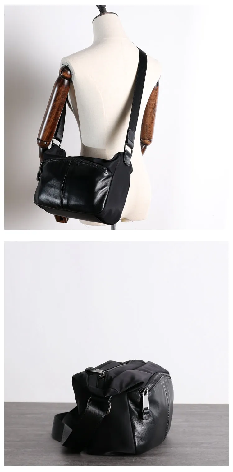 Womens Leather Nylon Shoulder Bag Mens Black Nylon Crossbody Bag Black Crossbody Nylon Bag