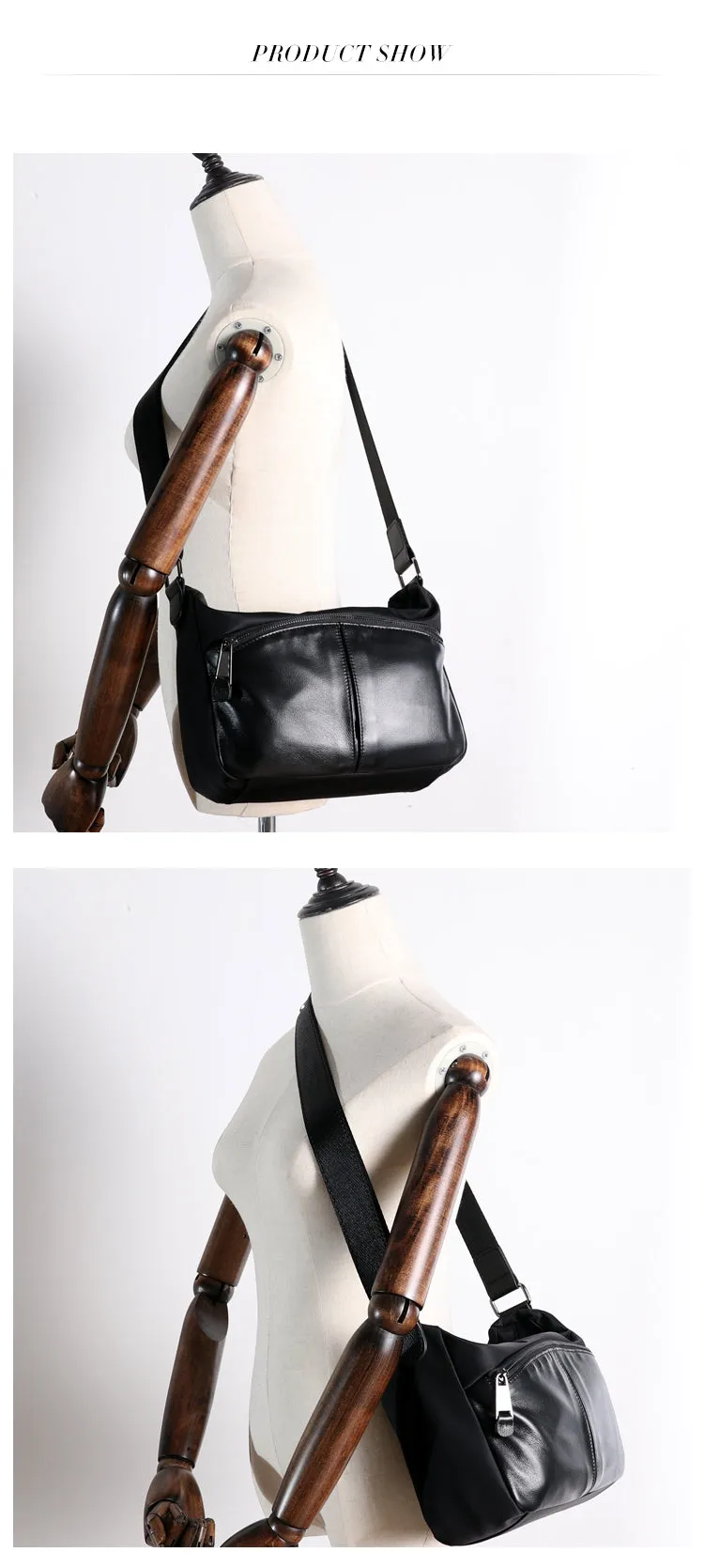 Womens Leather Nylon Shoulder Bag Mens Black Nylon Crossbody Bag Black Crossbody Nylon Bag