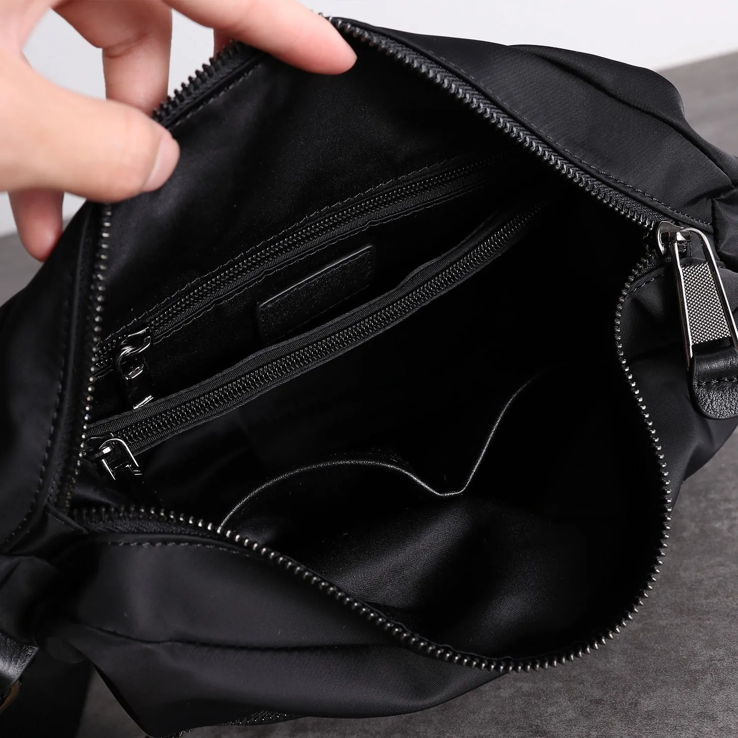 Womens Leather Nylon Shoulder Bag Mens Black Nylon Crossbody Bag Black Crossbody Nylon Bag