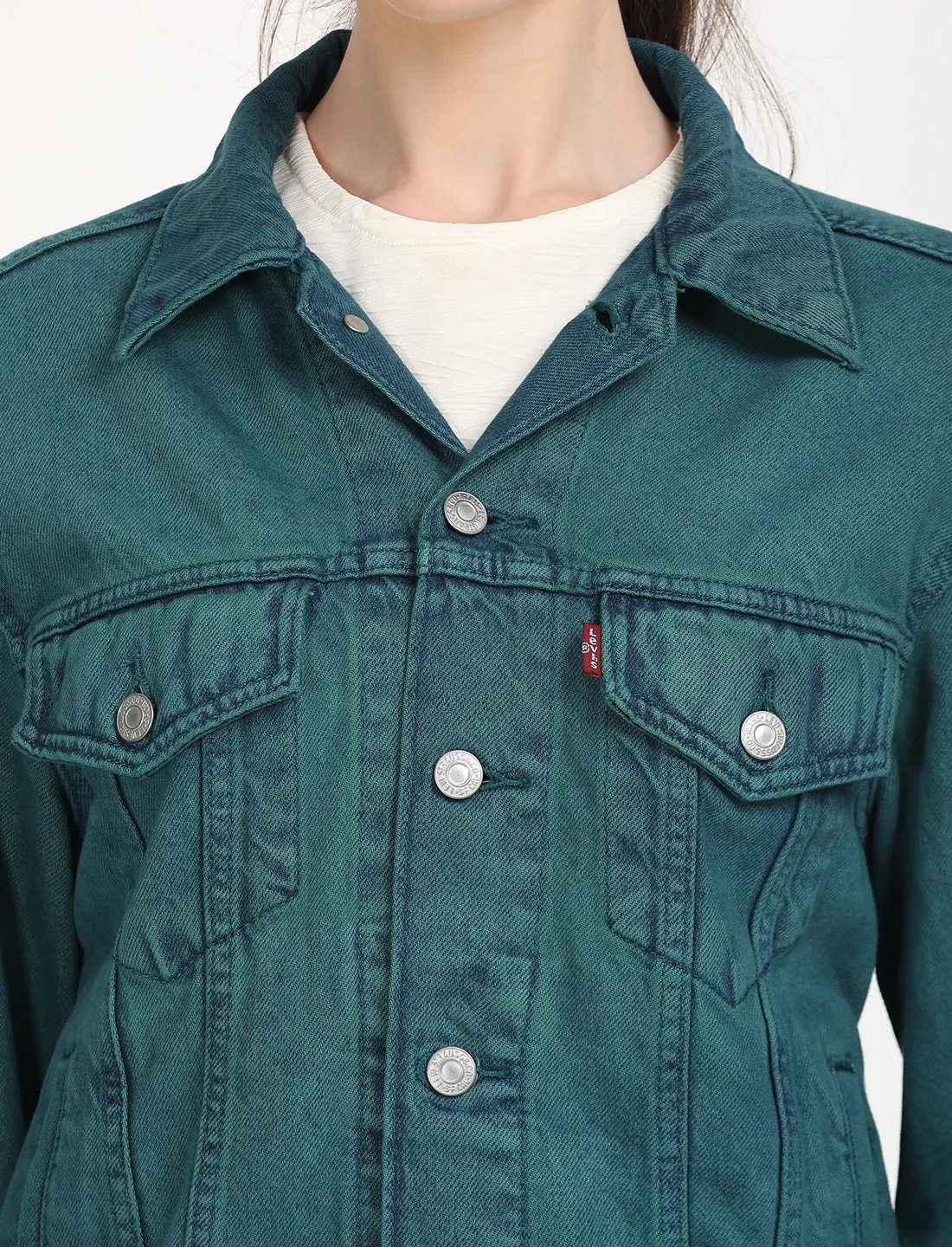 Women's Solid Teal Spread Collar Trucker Jacket