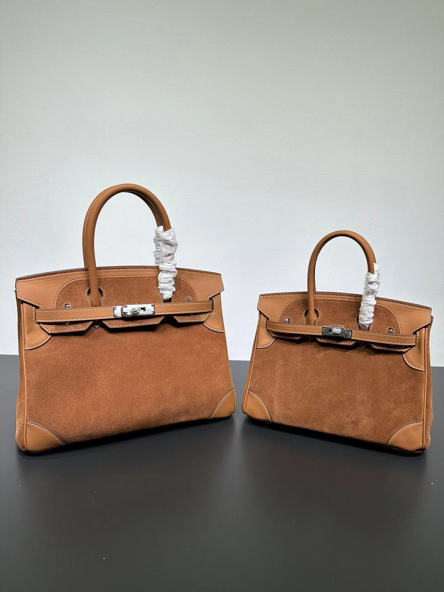 Womens Suede Leather Padlock  Top Handle Bag Tan