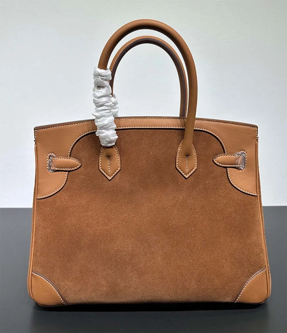 Womens Suede Leather Padlock  Top Handle Bag Tan