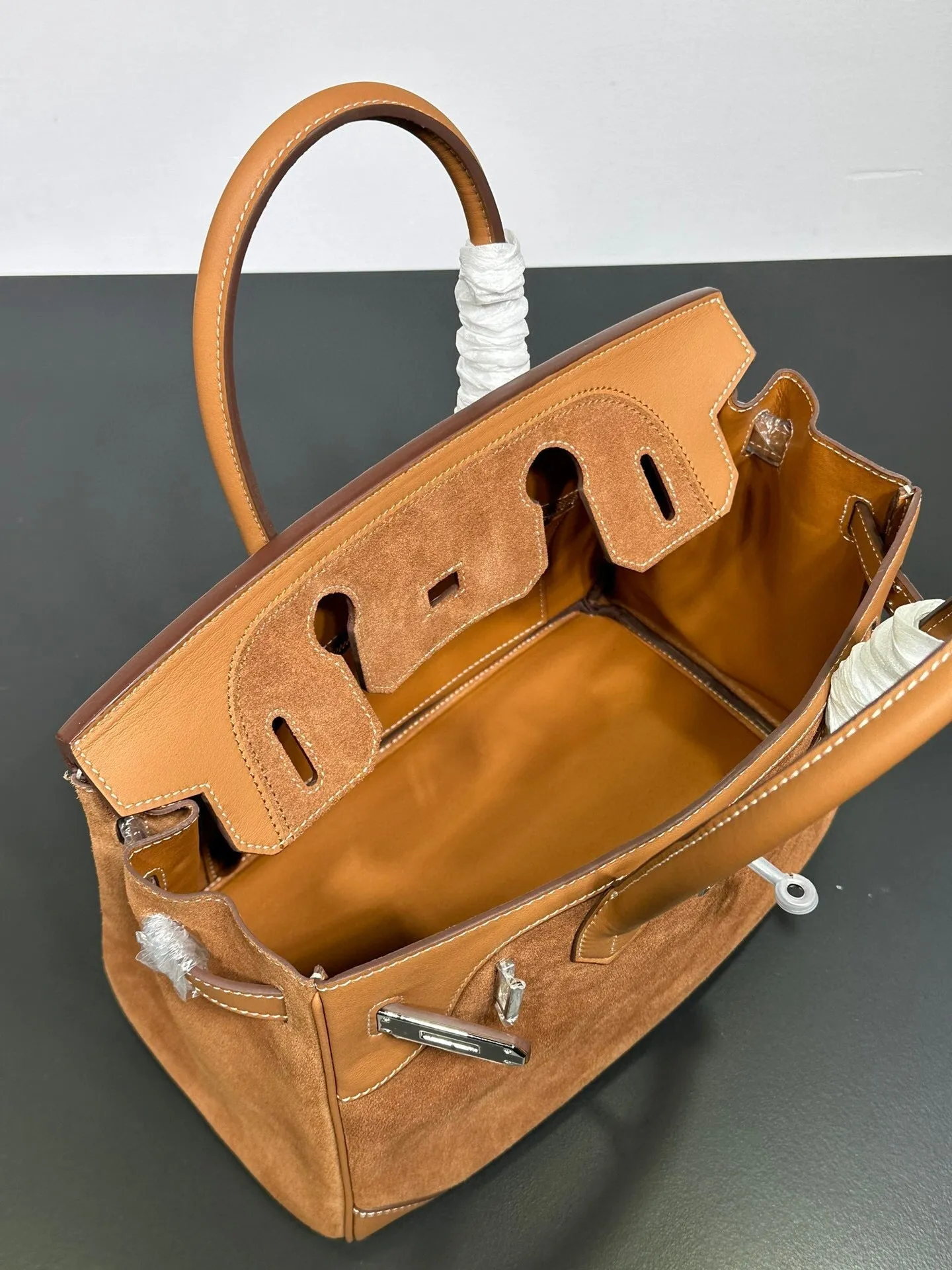 Womens Suede Leather Padlock  Top Handle Bag Tan