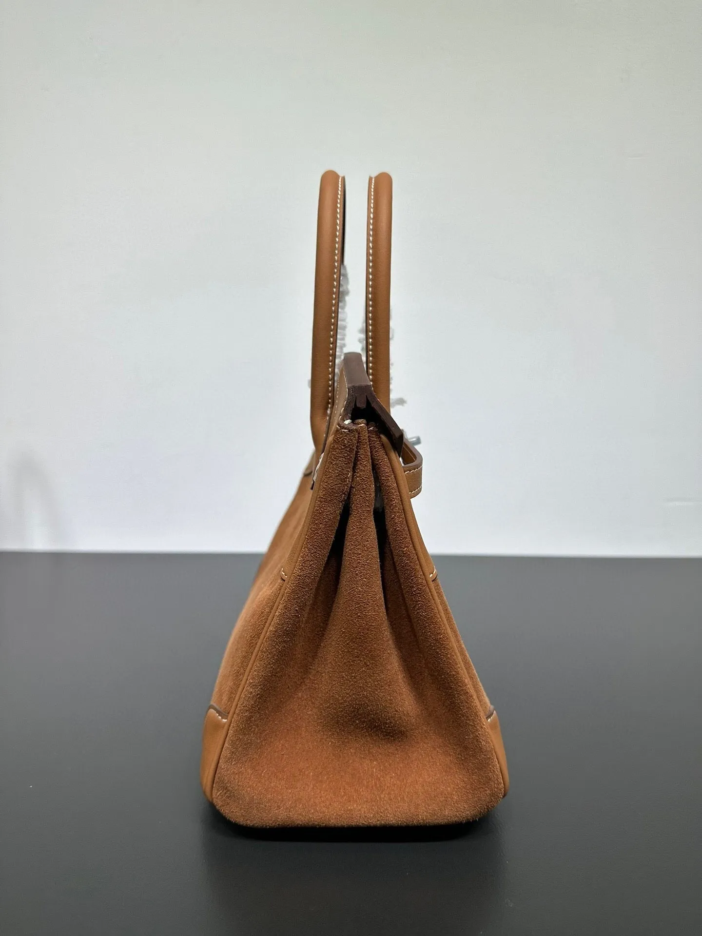 Womens Suede Leather Padlock  Top Handle Bag Tan