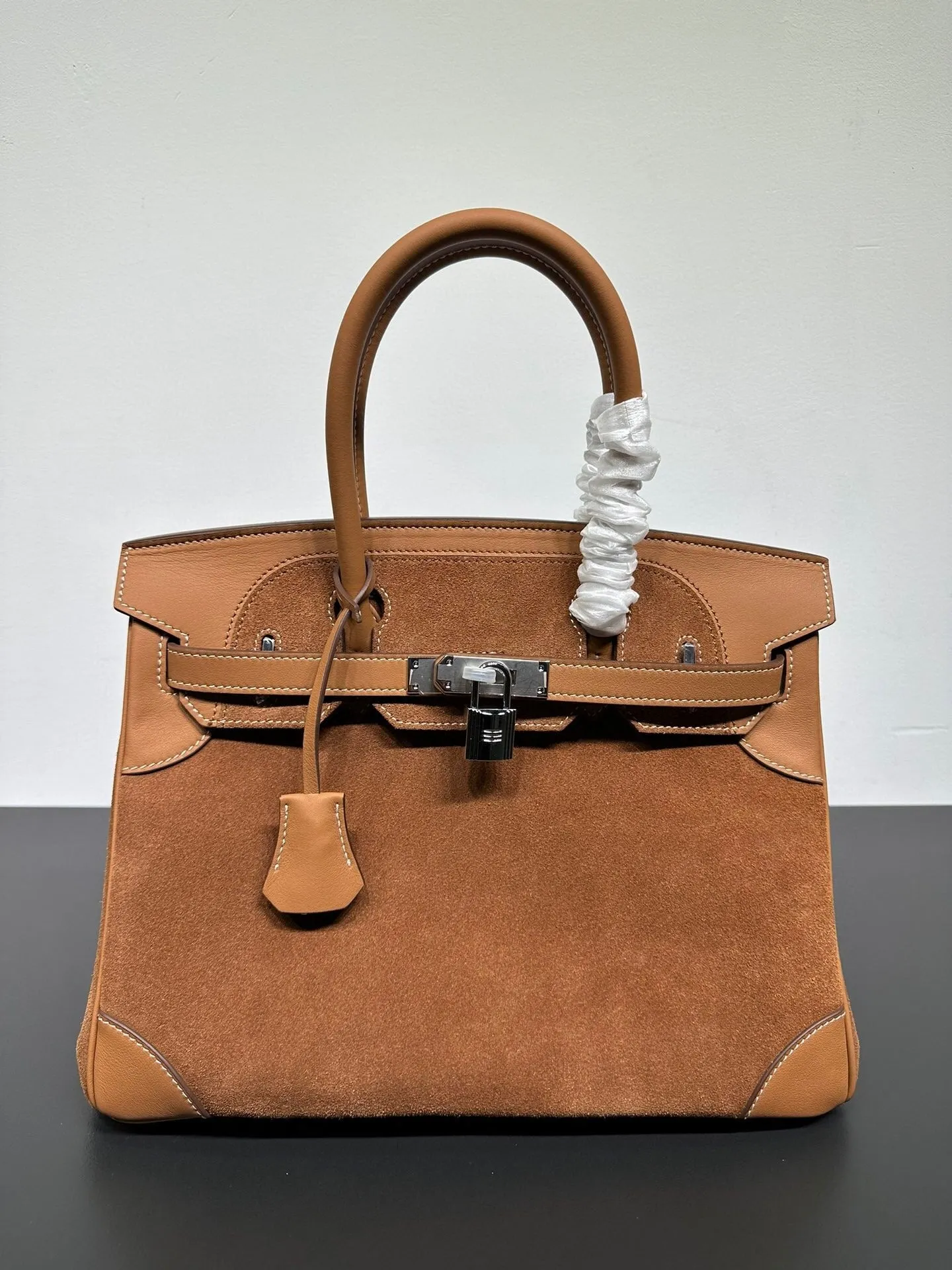 Womens Suede Leather Padlock  Top Handle Bag Tan