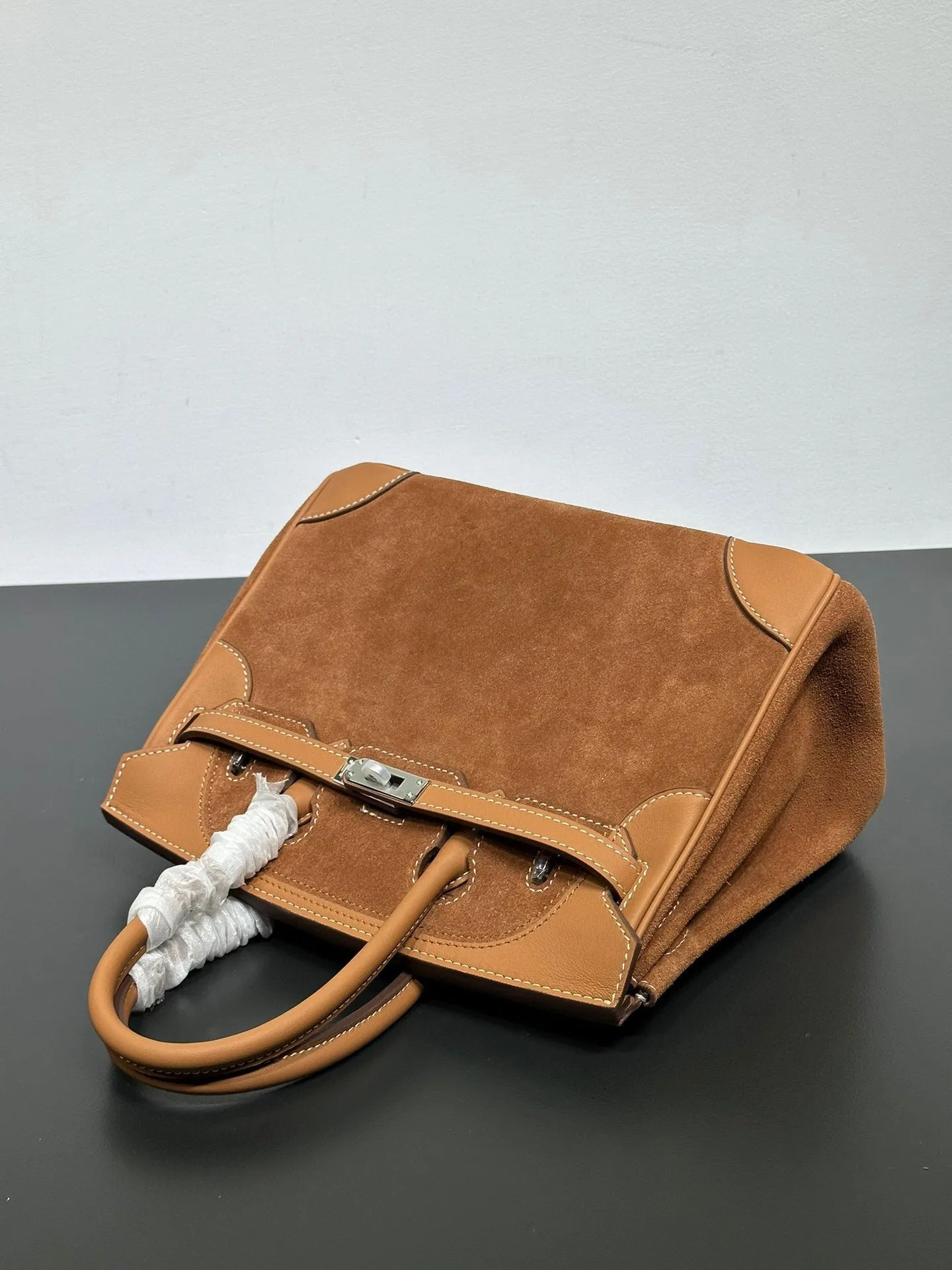 Womens Suede Leather Padlock  Top Handle Bag Tan