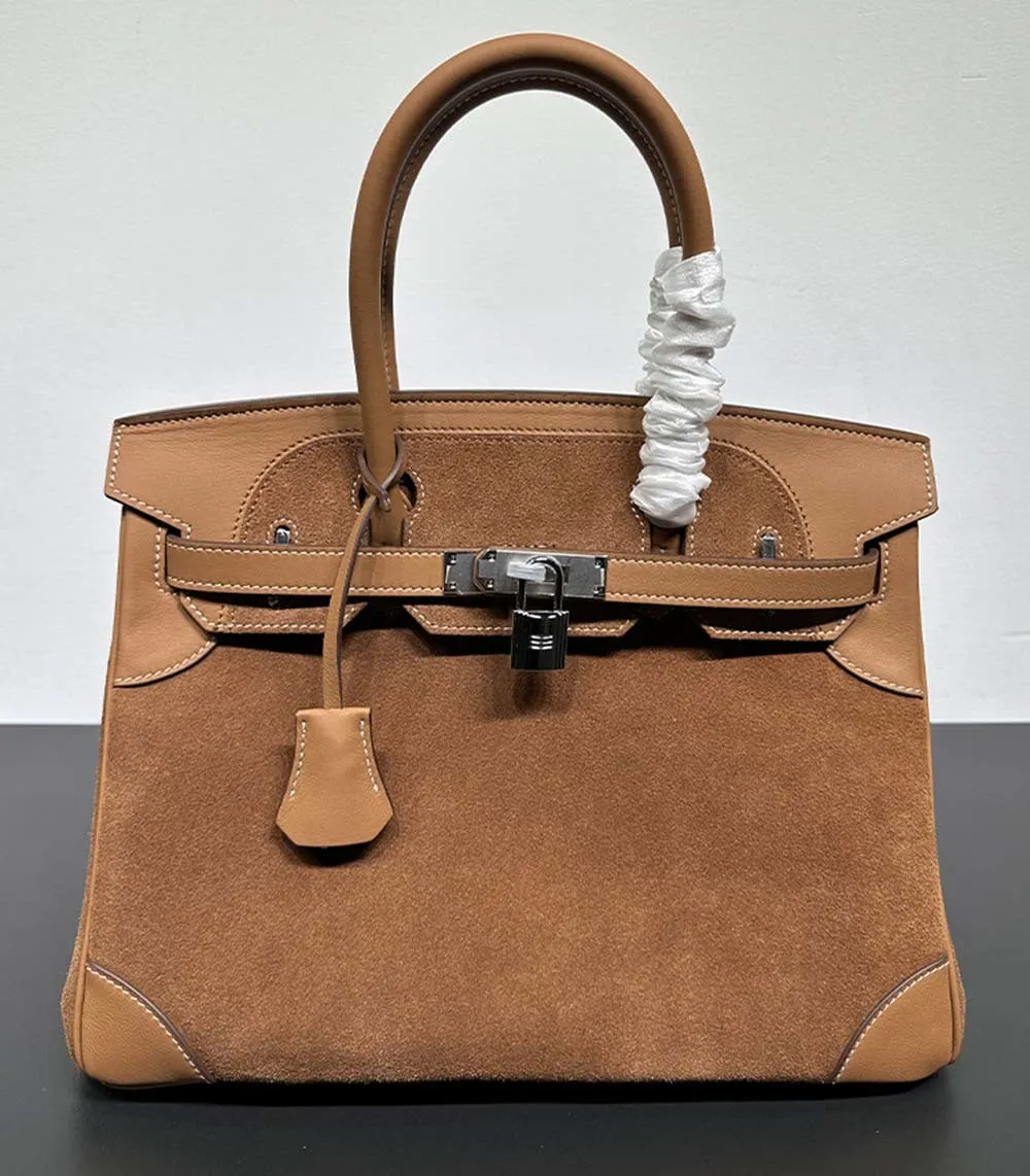 Womens Suede Leather Padlock  Top Handle Bag Tan