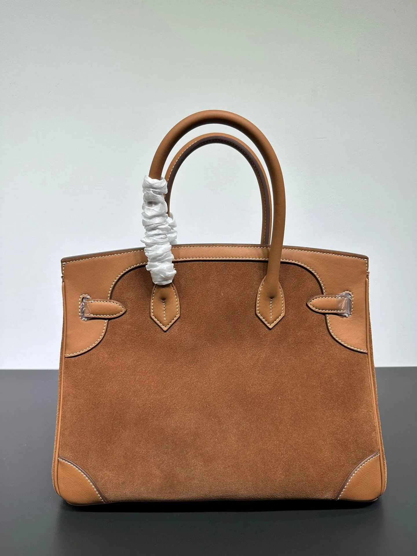 Womens Suede Leather Padlock  Top Handle Bag Tan