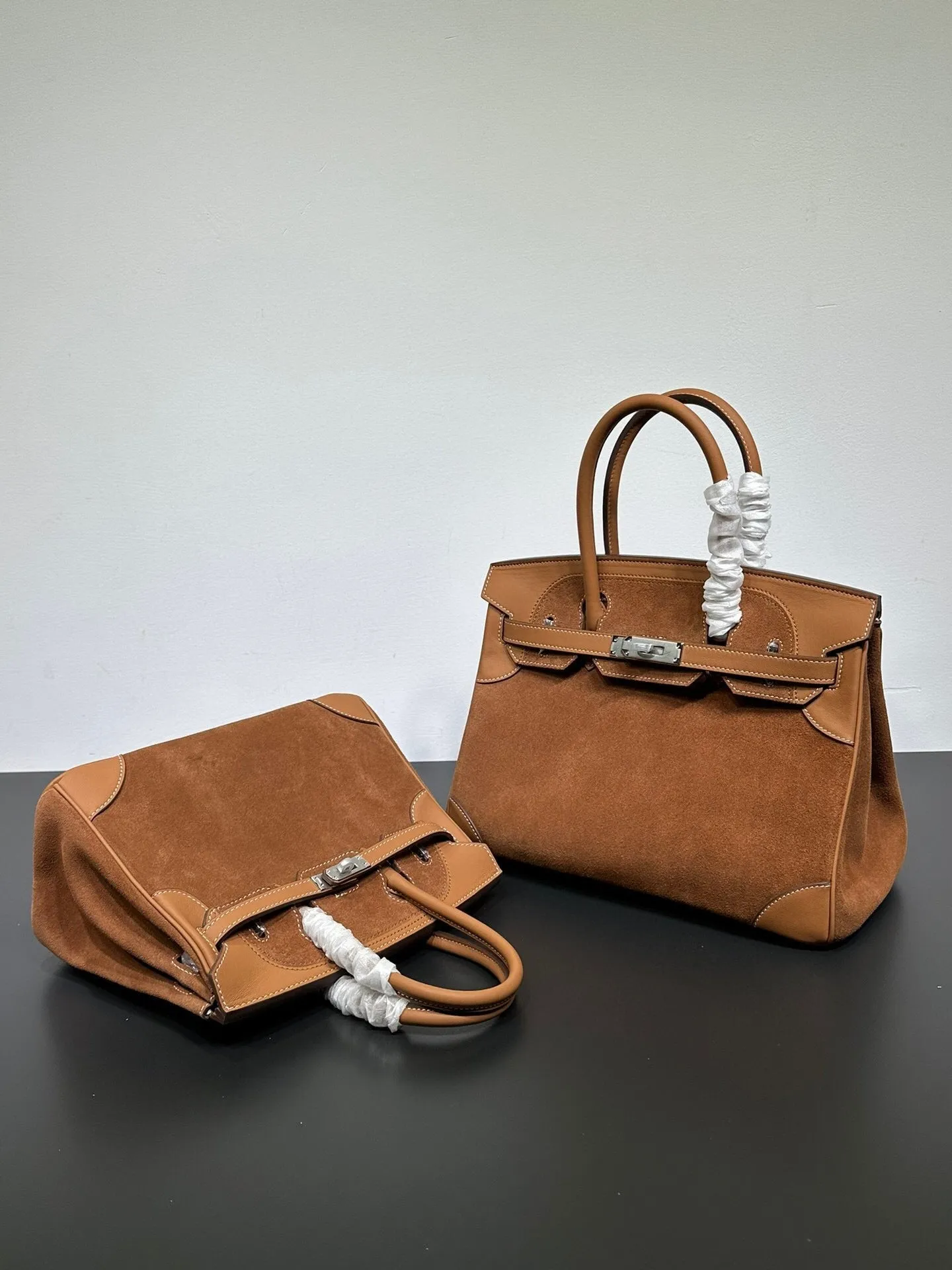 Womens Suede Leather Padlock  Top Handle Bag Tan