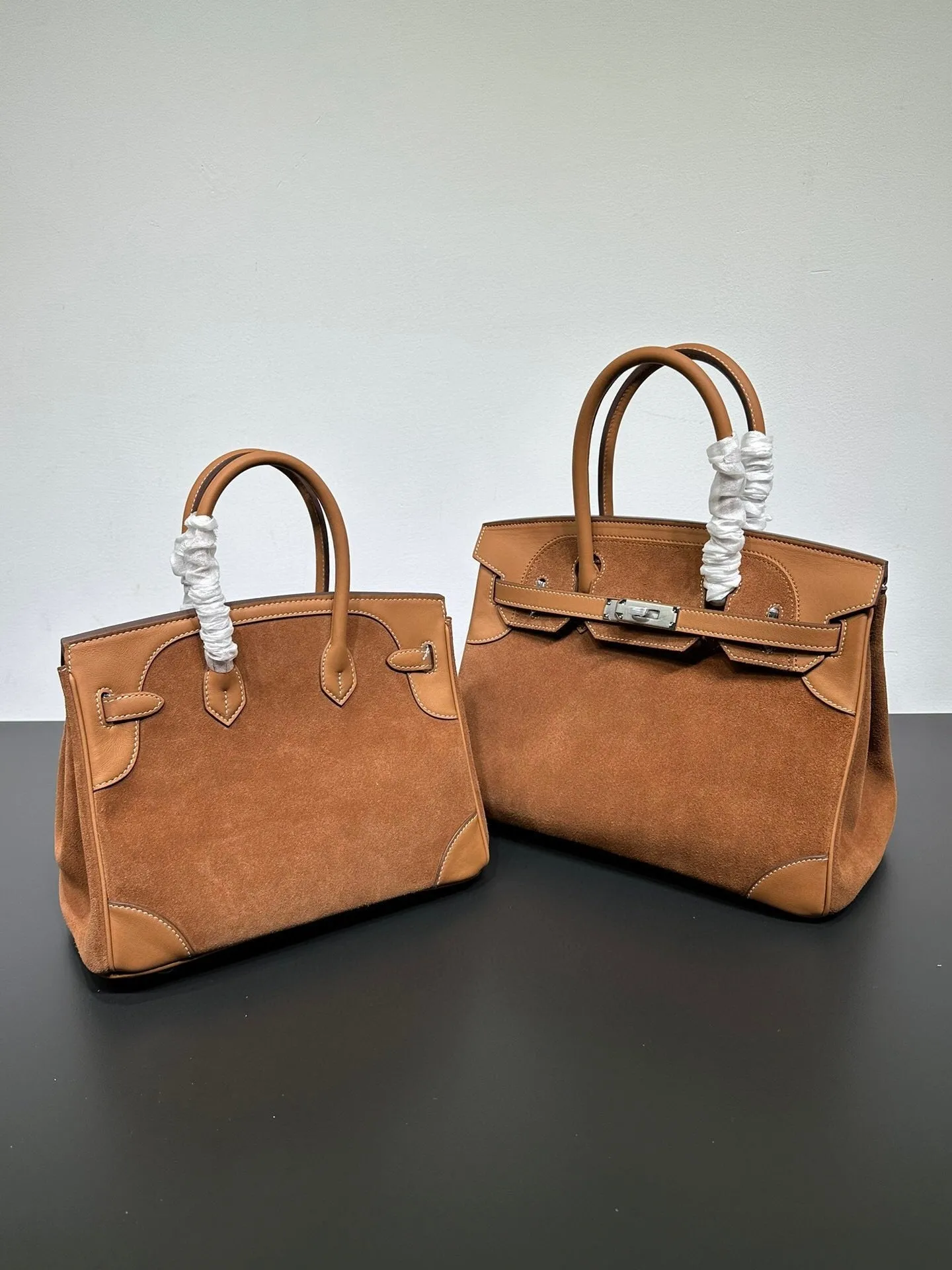 Womens Suede Leather Padlock  Top Handle Bag Tan