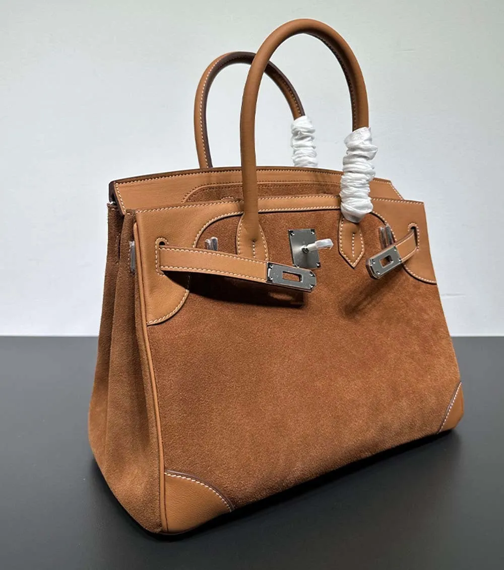 Womens Suede Leather Padlock  Top Handle Bag Tan