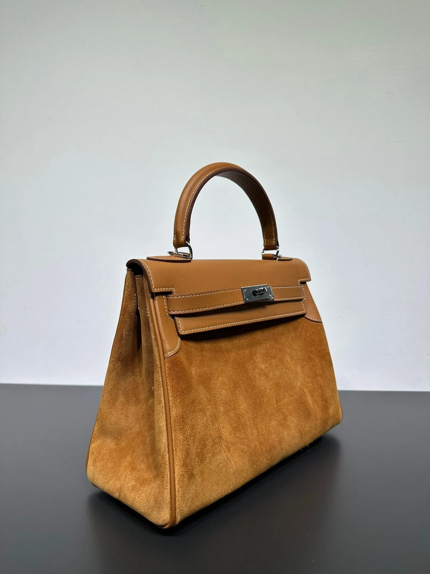 Womens Suede Leather Padlock Tote Bag Gold